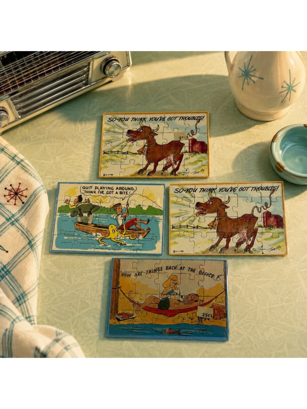 Vintage 50's Set of 4 Jokes Puzzle Humor Postcards Tony Roy New Sealed Gag MCM